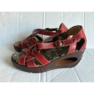 FLY LONDON 37 Leather Red Hew Hauk Ankle Straps Comfort Platform Wedge Sandal